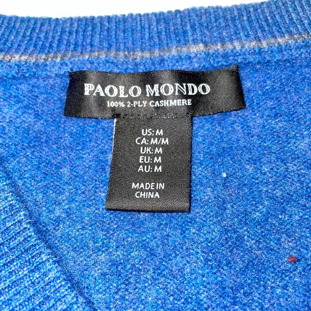 Paolo Mondo Mens Cashmere V-Neck Sweater Blue 2-Ply Pullover RN113286 Size M - Picture 3 of 7